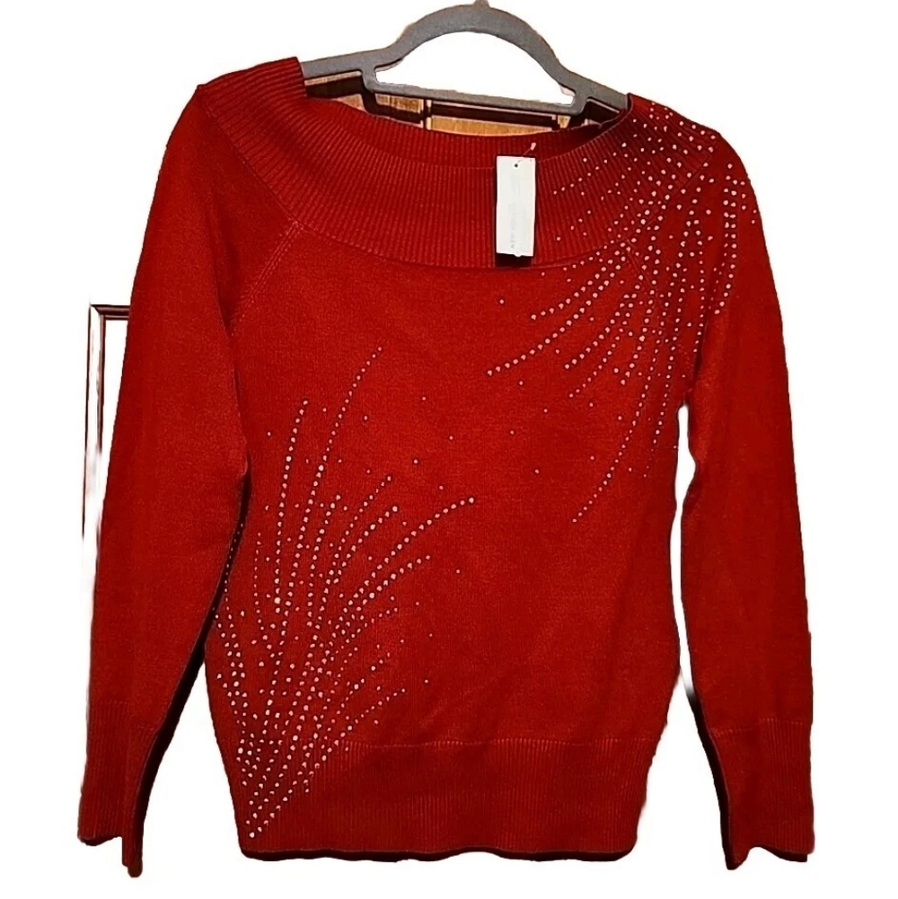 New York & Company Red Crewneck Sweater with Crystal Accents